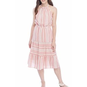 Kaari Blue Striped Halter Tier Open Back Dress